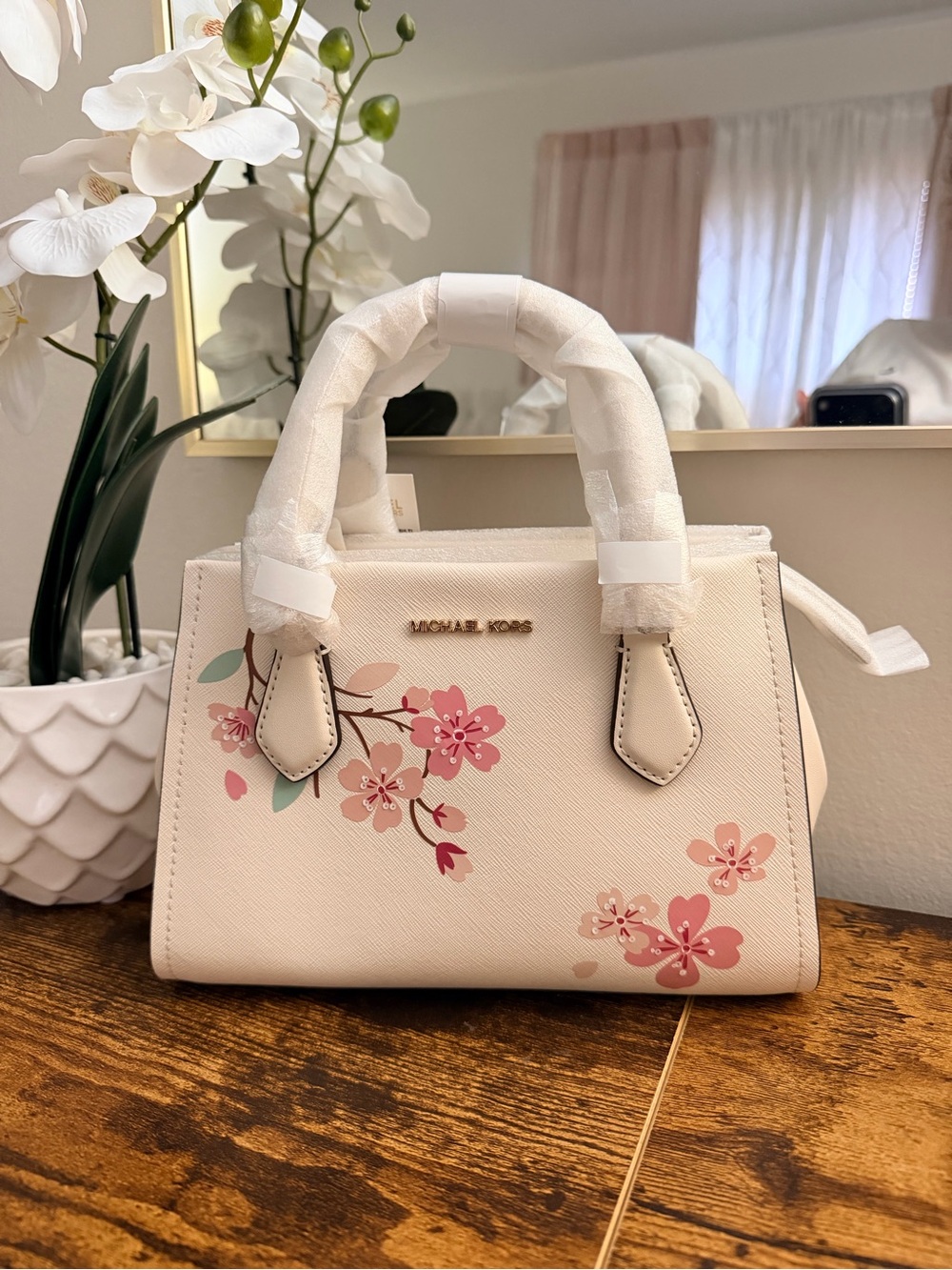 Michael Kors Cream Satchel with Pink Floral Print